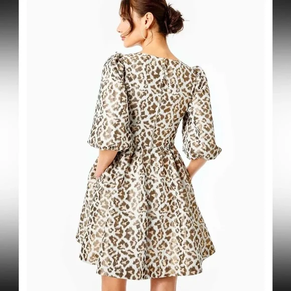 SOLD.  NWT Lilly Pulitzer Calyssa Dress Gold Metallic Leopard Jacquard | 12 - Picture 2 of 12